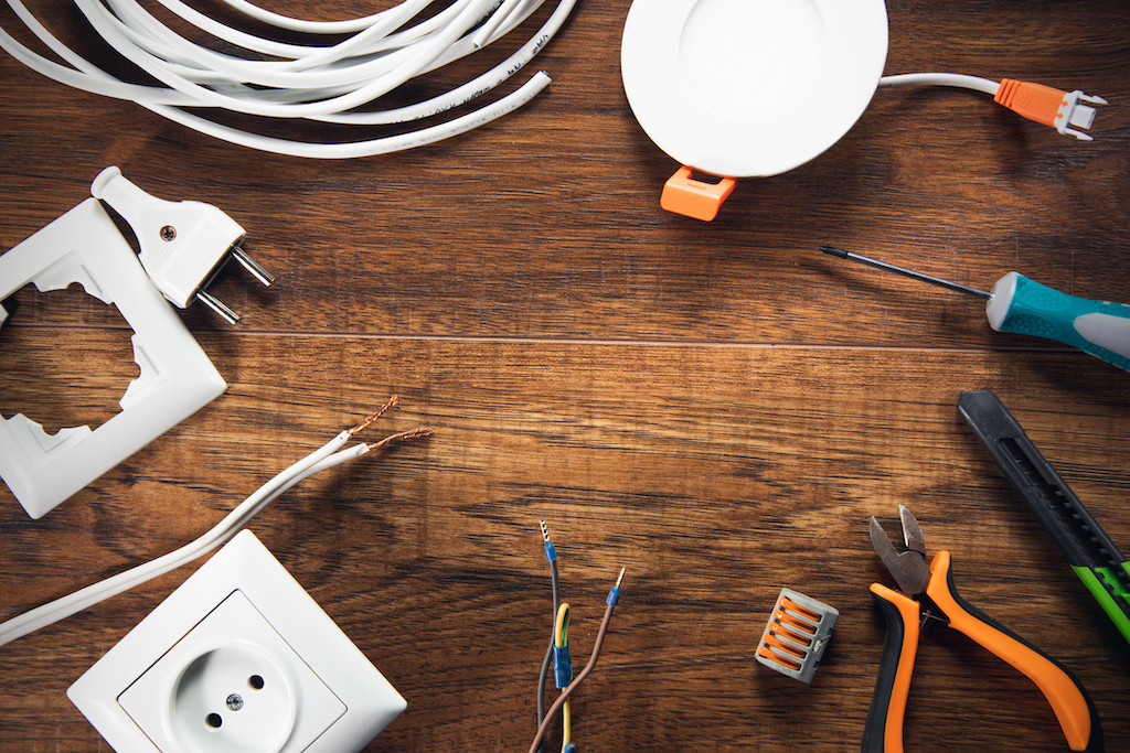 Photo of electrical tools and wires for electrical repair.