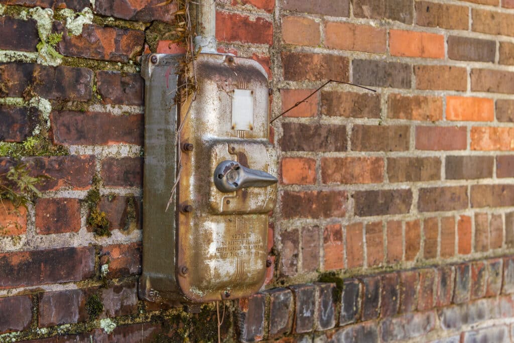 Old circuit breakers in an urban area needing an electrical panel replacement.
